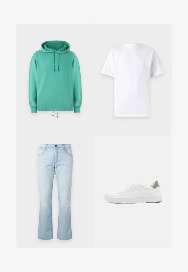 Mintgrøn hoodie lavet af blødt stof med en afslappet pasform, der har en rummelig halsudskæring, snore og ribbede ærmer.; Hvid kortærmet t-shirt lavet af bomuld med rund hals, der har en glat tekstur og et simpelt design uden mønstre eller accenter.; Lyseblå denimjeans med mellemhøj talje, knap- og lynlåslukning, forlommer og let udvidede ben.; Hvid sneaker lavet af glat læder, rund tå, minimalistisk design, grå hælafsats og tekstureret gummisål.