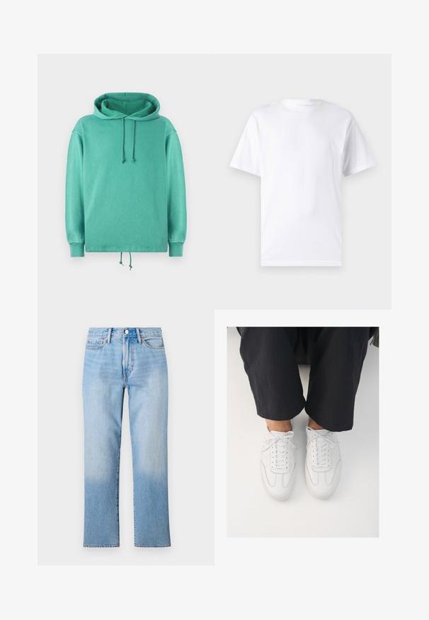 Mintgrøn hoodie lavet af blødt stof med en afslappet pasform, der har en rummelig halsudskæring, snore og ribbede ærmer.; Hvid kortærmet t-shirt lavet af bomuld med rund hals, der har en glat tekstur og et simpelt design uden mønstre eller accenter.; Lys blå denim jeans med lige ben-design, der har en falmet vask, standard fem-lomme styling og en klassisk knaplukning.; Hvide lædersneakers med en glat overflade, rund tå og klassisk snøresystem, placeret over mørke, løse bukser.