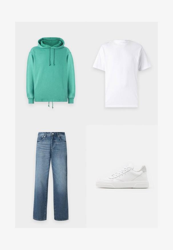 Mintgrøn hoodie lavet af blødt stof med en afslappet pasform, der har en rummelig halsudskæring, snore og ribbede ærmer.; Hvid kortærmet t-shirt lavet af bomuld med rund hals, der har en glat tekstur og et simpelt design uden mønstre eller accenter.; Blå denimjeans med lige ben, med en falmet vask, bælteløkker, fem lommer og en klassisk knaplukning.; Hvide lædersneakers med en glat finish, rund tå, flade snørebånd og en struktureret sål. Grå ruskindsdetalje ved hælen.
