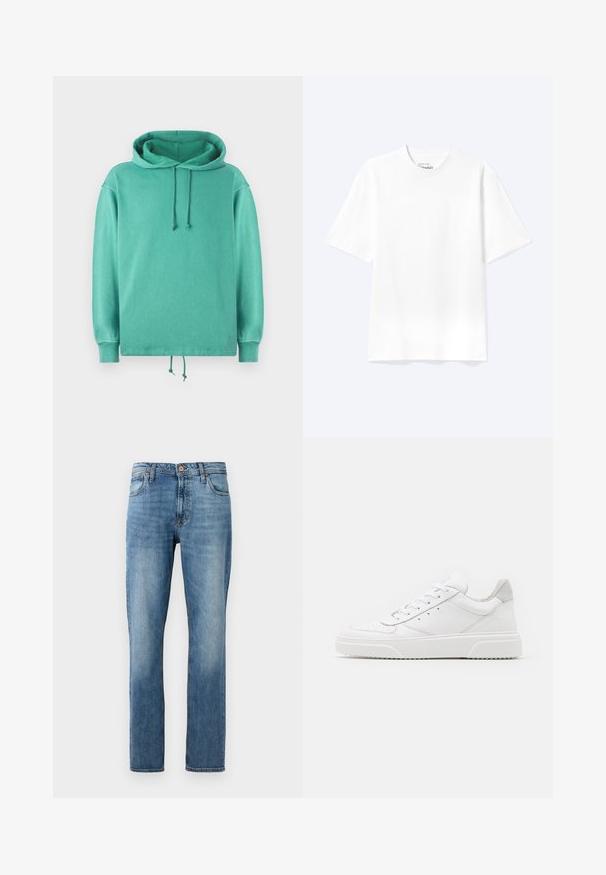 Mintgrøn hoodie lavet af blødt stof med en afslappet pasform, der har en rummelig halsudskæring, snore og ribbede ærmer.; Enkel hvid T-shirt med korte ærmer og rund hals med afslappet pasform, vist på en lys baggrund.; Blå lige ben denimjeans med fem lommer, knap- og lynlås-lukning, præsenteret mod en ensfarvet hvid baggrund.; Hvide lædersneakers med en glat finish, rund tå, flade snørebånd og en struktureret sål. Grå ruskindsdetalje ved hælen.