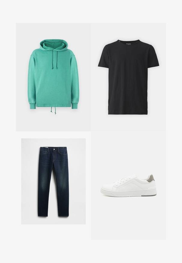 Mintgrøn hoodie lavet af blødt stof med en afslappet pasform, der har en rummelig halsudskæring, snore og ribbede ærmer.; Sort bomulds t-shirt med rund halsudskæring og korte ærmer. Har et enkelt design uden mønstre eller accenter. Simpel og alsidig.; Mørkeblå denim jeans med lige snit, der har fem lommer, knaplukning og diskret slid på lårene. Klassisk syning.; Hvid sneaker lavet af glat læder, rund tå, minimalistisk design, grå hælafsats og tekstureret gummisål.