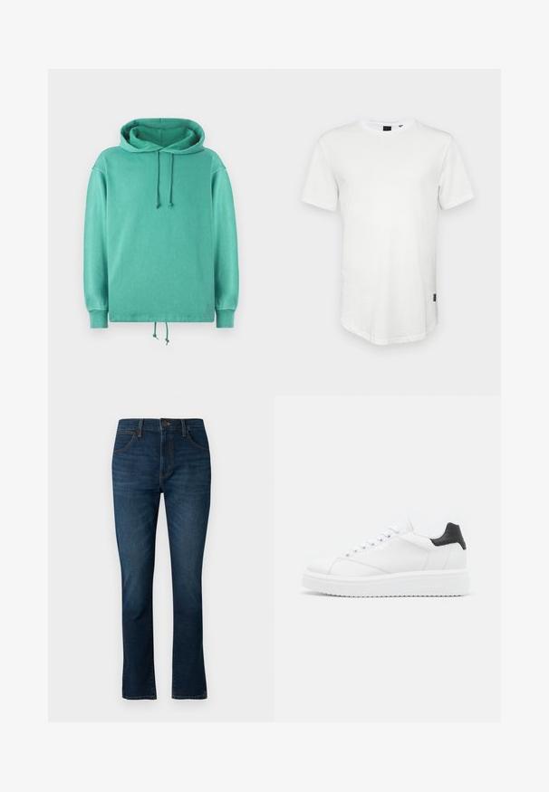 Mintgroene hoodie van zachte stof met een relaxte pasvorm, voorzien van een ruime halslijn, koordjes en geribde manchetten.; Witte t-shirt met korte mouwen, gemaakt van katoen, met een ronde halslijn en een iets verlengde achterkant, voorzien van een klein logo-accent aan de zijkant.; Donkerblauwe rechte spijkerbroek van denim, met een klassiek vijf-pocket ontwerp en een knoopsluiting bij de taille.; Witte leren sneaker met een zwarte haklip, platte veters, gestructureerde tussenzool en branding aan de buitenzijde. Ontworpen voor casual gebruik.