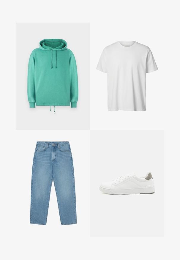 Mintgrøn hoodie lavet af blødt stof med en afslappet pasform, der har en rummelig halsudskæring, snore og ribbede ærmer.; Enkelt hvid T-shirt med korte ærmer og rund hals, løs pasform og uden synlige logoer eller designs foran.; Lyseblå denimjeans med lige ben, fem-lomme design og en let falmet struktur. Indeholder knap- og lynlåslukning.; Hvid sneaker lavet af glat læder, rund tå, minimalistisk design, grå hælafsats og tekstureret gummisål.
