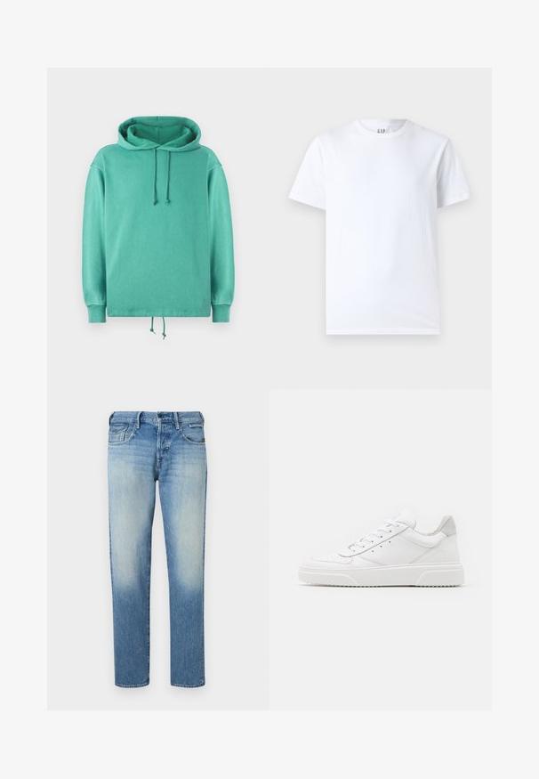 Mintgrøn hoodie lavet af blødt stof med en afslappet pasform, der har en rummelig halsudskæring, snore og ribbede ærmer.; Hvid bomulds t-shirt med rund halsudskæring og korte ærmer. Enkel design uden mønstre eller grafik, med GAP branding på kraven.; Lys blå denim jeans med en falmet finish, lige ben, fem lommer og knaplukning. Syninger og mærke på bagsiden.; Hvide lædersneakers med en glat finish, rund tå, flade snørebånd og en struktureret sål. Grå ruskindsdetalje ved hælen.