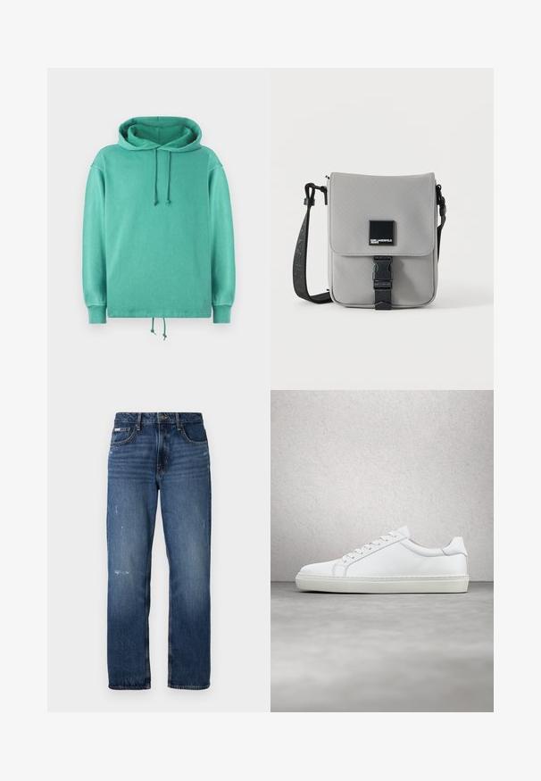 Mintgrøn hoodie lavet af blødt stof med en afslappet pasform, der har en rummelig halsudskæring, snore og ribbede ærmer.; Blå denim jeans med lige ben design. Har slidte områder og let slitage på forsiden, med en klassisk knaplukning.; Hvide sneakers med en glat læderoverdel og lav profil. Har en rund tå, seks snørehuller og en tekstureret gummisål.; Grå crossbody taske med sort justerbar rem, frontklap sikret med sort spænde, med et firkantet Karl Lagerfeld Jeans logo patch.