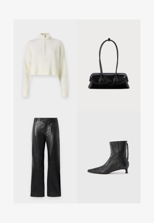 Cremefarvet cropped sweater med lynlås i halsen, ribbet tekstur og brede ærmer. Materialet ser blødt og strikket ud.; Sorte lige ben faux læderbukser med bæltestropper og en skjult frontlukning, præsenteret på en hvid baggrund.; Sort læderankelstøvle med spids tå, struktureret form og lav hæl. Har en sidesyning og minimalistisk design.; Sort læderhåndtaske med to forlængede håndtag, en glat tekstur og en rund bund med dekorative detaljer på siderne.