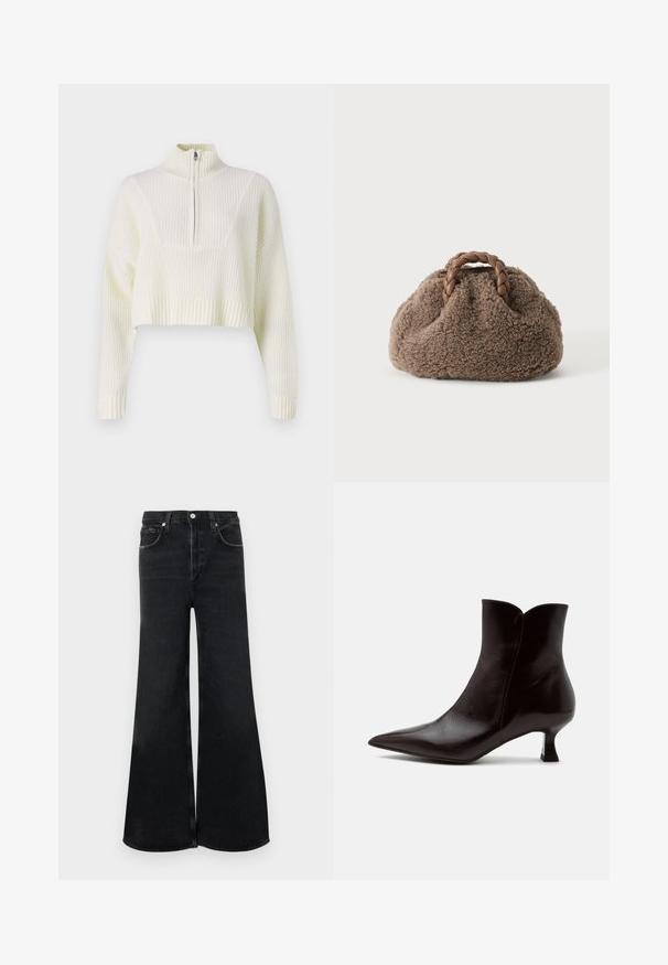 Pull court de couleur crème avec un col zippé, texture côtelée et manches larges. Le matériau semble doux et tricoté.; Jean large noir en denim, doté d'une taille haute, d'un design classique à cinq poches et d'une fermeture par bouton à l'avant.; Bottine noire à bout pointu avec un talon kitten de hauteur moyenne et une finition en cuir lisse sur fond blanc.; Petit sac à main marron duveteux avec des poignées en cuir tressé sur un fond uni clair.