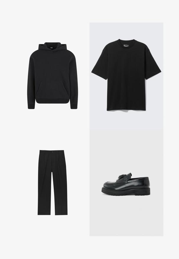 Sweat à capuche noir à enfiler avec poche kangourou devant et poignets et ourlet côtelés, présenté sur fond blanc.; T-shirt noir en coton à manches courtes et coupe décontractée, col rond, présenté sur un fond clair uni.; Pantalons noirs au design droit, fabriqués à partir d'un tissu lisse. Dotés de plis sur le devant et d'une fermeture à un bouton à la taille.; Mocassin en cuir noir avec pampilles, semelle épaisse en caoutchouc et talon bas, présenté de profil sur un fond uni.