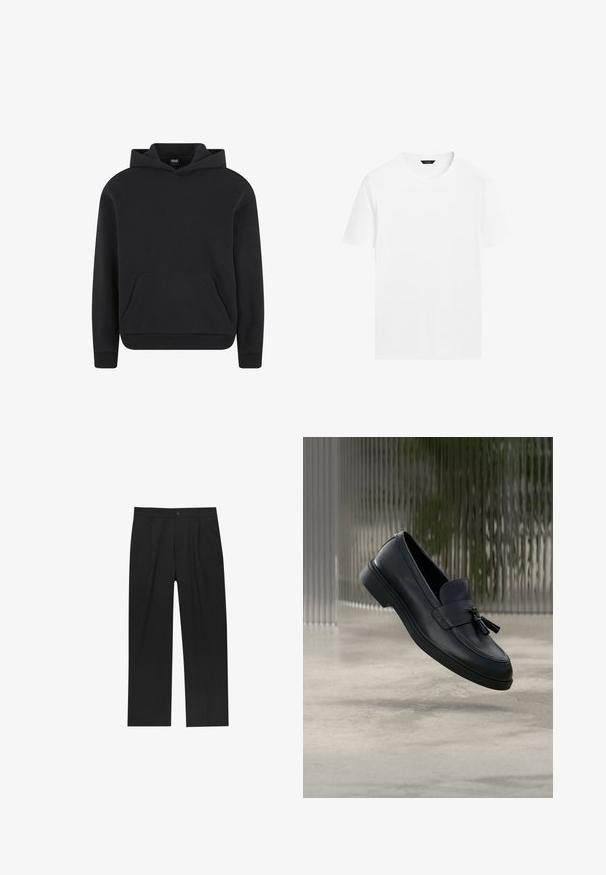 Sweat à capuche noir à enfiler avec poche kangourou devant et poignets et ourlet côtelés, présenté sur fond blanc.; T-shirt en coton blanc avec un col rond, des manches courtes et une coupe droite. Présente une texture lisse et légère, sans motifs visibles.; Pantalons noirs au design droit, fabriqués à partir d'un tissu lisse. Dotés de plis sur le devant et d'une fermeture à un bouton à la taille.; Mocassins en cuir noir avec une texture lisse, un bout arrondi et des pampilles décoratives à l'avant. Semelle en caoutchouc flexible avec un petit talon.
