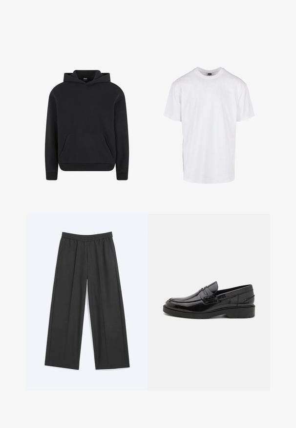 Sweat à capuche noir à enfiler avec poche kangourou devant et poignets et ourlet côtelés, présenté sur fond blanc.; T-shirt blanc uni à manches courtes avec col rond, avec une étiquette taille moyenne à l'intérieur du col.; Pantalon noir à jambes larges avec une ceinture élastique et des poches latérales, posé à plat sur un fond uni.; Mocassins en cuir noir avec une finition lisse, un bout rond, un petit talon et descoutures décoratives à l'avant. Semelle en caoutchouc pour l'adhérence.