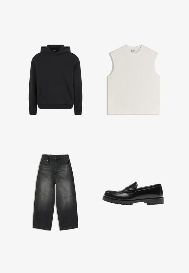 Sweat à capuche noir à enfiler avec poche kangourou devant et poignets et ourlet côtelés, présenté sur fond blanc.; Haut en coton blanc sans manches avec encolure ronde et épaules légèrement rembourrées, posé à plat sur un fond blanc.; Jean en denim noir délavé à jambes larges avec poches avant et arrière, passants pour ceinture et fermeture par bouton à la taille.; Mocassin en cuir noir avec une semelle en caoutchouc épaisse et un détail classique de bride à monnaie, vu de côté extérieur.