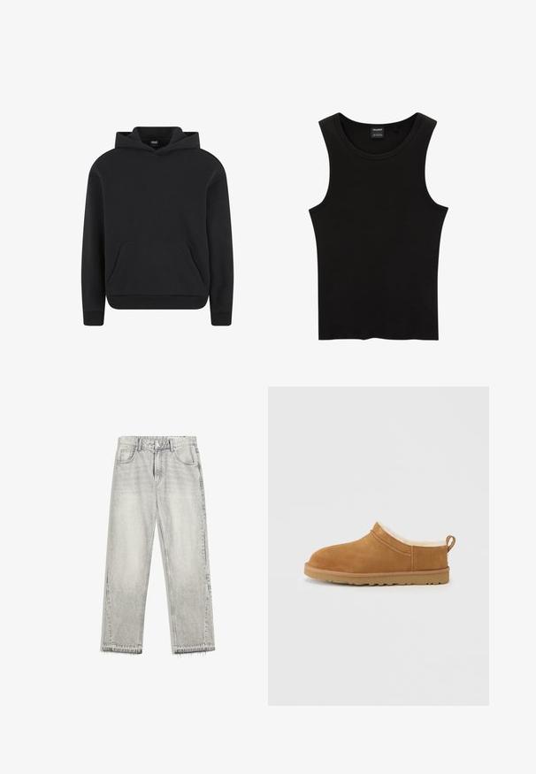 Sweat à capuche noir à enfiler avec poche kangourou devant et poignets et ourlet côtelés, présenté sur fond blanc.; Débardeur noir à côtes avec un col rond et de larges emmanchures, fabriqué à partir d'un tissu doux et extensible. Étiquette : Pull&Bear.; Jean droit gris clair délavé avec cinq poches, fermeture par bouton, passants pour ceinture et ourlets effilochés bruts.; Chaussure à enfiler en daim marron avec une doublure intérieure en fourrure blanche douce, un bout arrondi et une semelle extérieure en caoutchouc avec de petits motifs de crampons.