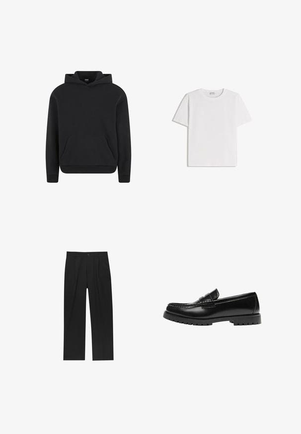 Sweat à capuche noir à enfiler avec poche kangourou devant et poignets et ourlet côtelés, présenté sur fond blanc.; T-shirt en coton blanc avec un col rond et des manches courtes. Présente une coupe classique et carrée, sans motifs ni accents visibles.; Pantalons noirs au design droit, fabriqués à partir d'un tissu lisse. Dotés de plis sur le devant et d'une fermeture à un bouton à la taille.; Mocassin en cuir noir avec une semelle en caoutchouc épaisse et un détail classique de bride à monnaie, vu de côté extérieur.