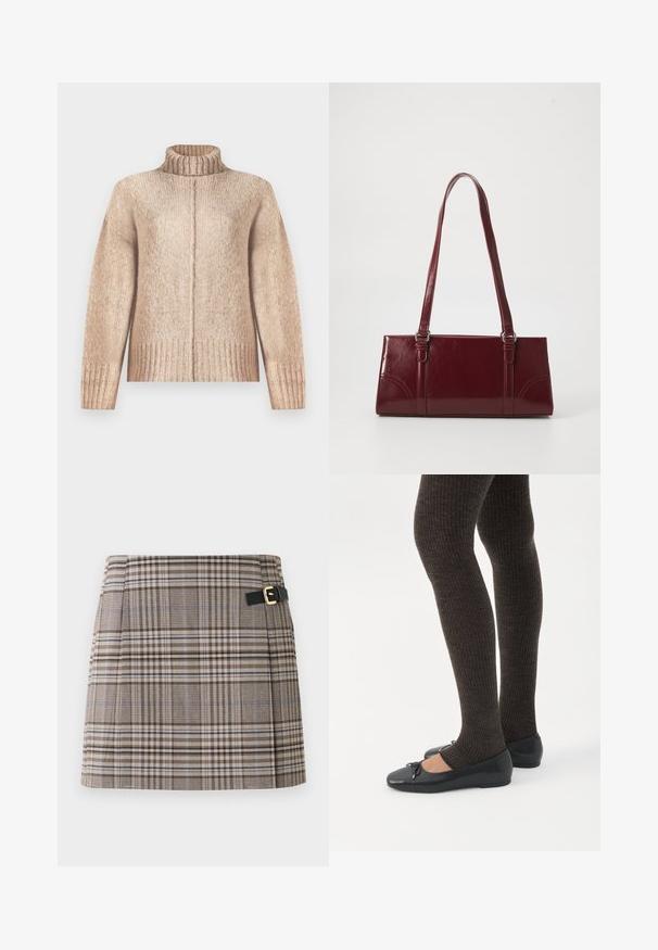 Pull en tricot beige avec un col haut à côtes, des manches larges et un ourlet à côtes. Texture douce avec un léger motif chiné.; Jupe mini à carreaux en marron, beige et bleu avec un détail de boucle sur une ceinture noire. Tissu structuré avec des plis à l'avant.; Jambes portant des leggings côtelés foncés associés à des ballerines noires avec de petits détails en nœud sur fond blanc.; Sac à main bordeaux en matériau brillant, de forme rectangulaire, avec deux anses et des accents légèrement courbés à l'avant.