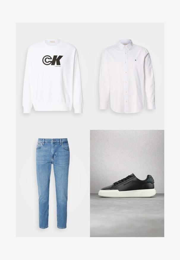 Biela mikina vyrobená z bavlny s čiernym potlačou loga Calvin Klein. Má okrúhly výstrih a rebrované manžety a dolný lem.; Biela košeľa s gombíkmi vyrobená z bavlny, s klasickým golierom, dlhými rukávmi a malým logom CK na ľavej hrudi. Hladká textúra.; Svetlomodré džínsy s rovný strih, dizajn s piatimi vreckami a jemným vyblednutím. Obsahujú zapínanie na gombík a pútka na opasok.; Čierny kožený tenisky s bielou podrážkou, čiernymi šnúrkami a vyrazeným logom, zobrazené nad sivou podlahou s pozadím zo sklenených blokov.