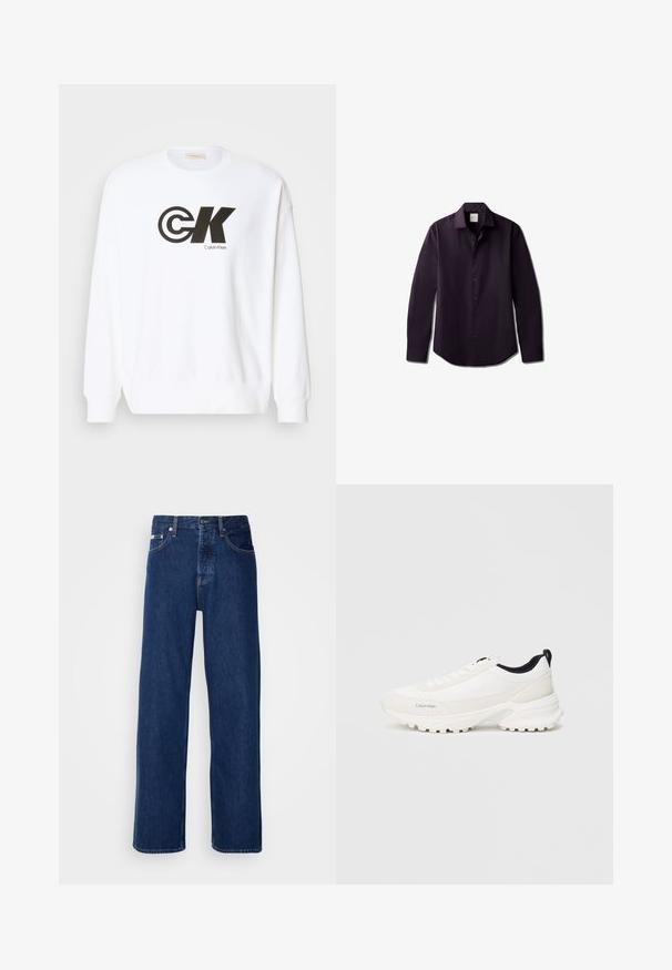Hvid sweatshirt lavet af bomuld med et sort Calvin Klein-logotryk. Den har en rund halsudskæring og ribben ved ærmerne og i bunden.; Langærmet skjorte i mørk lilla, lavet af glat stof. Har knapper foran, blød krave og en buet kant.; Mørkeblå denimjeans med et bredt ben-design, der har en knaplukning og klassisk fem-lomme styling. Stoffet har en glat tekstur.; Hvide sportssko med en glat overdel og polstret krave, der har en distinkt struktureret sål for greb og diskret branding på siden.