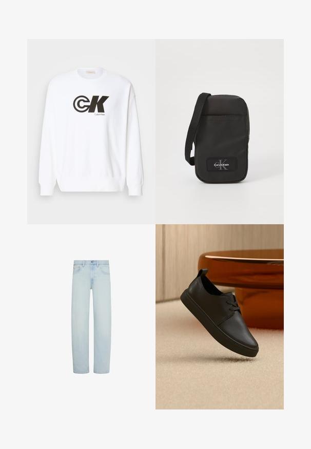 Weißes Sweatshirt aus Baumwolle mit schwarzem Calvin Klein Logo-Druck. Es hat einen Rundhalsausschnitt sowie gerippte Bündchen und Saum.; Hellblaue Denim-Jeans mit geradem Bein, vorderem Knopf- und Reißverschluss, Gürtelschlaufen und Vordertaschen.; Schwarzer Freizeit-Sneaker aus Leder mit Schnürsenkeln, schwebt über einem beigen Teppich, im Hintergrund ein bernsteinfarbenes, rundes Glastisch.; Schwarze Nylon-Crossbody-Tasche mit rechteckiger Form, Tragegurt und einem Logo-Patch auf der Vorderseite. Glatte Textur, minimales Design und mit Reißverschluss verschlossen.