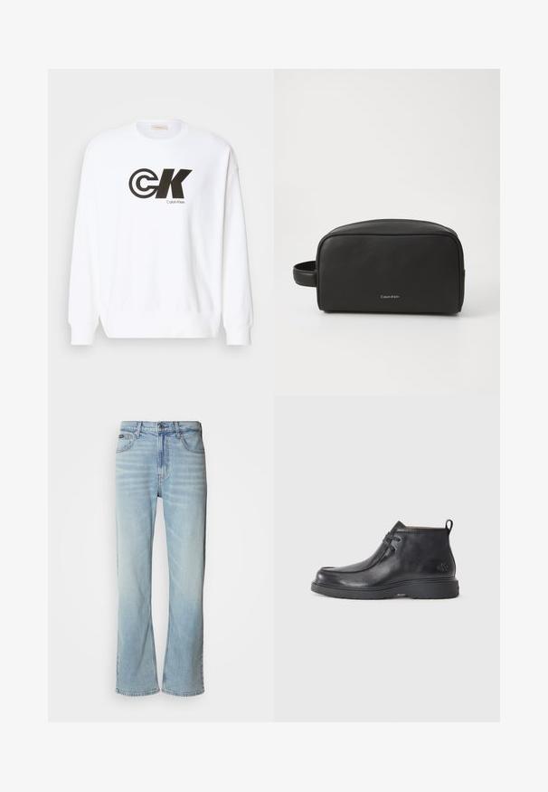Hvid sweatshirt lavet af bomuld med et sort Calvin Klein-logotryk. Den har en rund halsudskæring og ribben ved ærmerne og i bunden.; Lyseblå denimjeans med lige ben, der har fem lommer, knaplukning og en subtil falmning på stoffet.; Sorte læder ankelstøvler med rund tå, snørelukning og en løkke bagpå. Tekstureret overdel og gummisål.; Sort læder toilettaske med tekstureret overflade, afrundet form og sidelomme. Har Calvin Klein-logoet på fronten.
