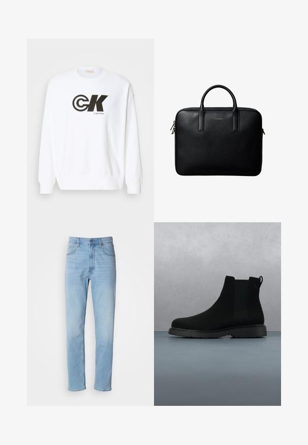 Biela mikina vyrobená z bavlny s čiernym potlačou loga Calvin Klein. Má okrúhly výstrih a rebrované manžety a dolný lem.; Svetlomodré džíny z denimu so strihom rovného strihu, piatimi vreckami a pútkami na opasok. Textil má hladkú štruktúru s jemným efektom vyblednutia.; Čierne členkové topánky vyrobené z hladkého materiálu s jemným prešívaním, gumovou podrážkou a elegantným dizajnom, umiestnené na povrchu s drevenou textúrou.; Čierna textúrovaná kožená aktovka s dvojitými rúčkami a striebornými zipsami, centrovaná na bielom pozadí.