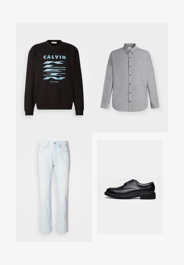 Čierna mikina s okrúhlym výstrihom, s modrou grafickou potlačou a textom "CALVIN KLEIN". Rúbkové manžety a lem. Jemný materiál.; Svetlosivá košeľa s dlhým rukávom na gombíky s golierom na gombíky a malým vyšívaným logom "cK" na ľavej strane hrudníka.; Svetlomodré riflové nohavice so strihom rovného nohavice. Majú gombíkový uzáver a pútka na opasok, pričom preukazujú vyblednutú štruktúru a minimálne šitie.; Čierna leštená kožená spoločenská obuv so šnurovaním a hrubou gumovou podrážkou, zobrazená z boku na jednoduchom svetlom pozadí.