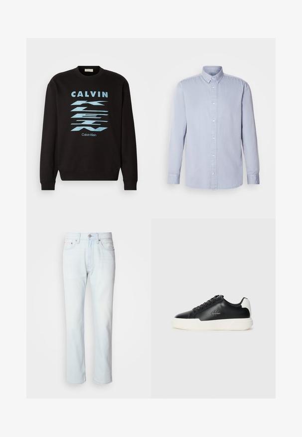 Čierna mikina s okrúhlym výstrihom, s modrou grafickou potlačou a textom "CALVIN KLEIN". Rúbkové manžety a lem. Jemný materiál.; Svetlomodrá dlhá rukávová košeľa s gombíkmi vyrobená z bavlny s jemnou textúrou, s klasickým golierom a prednými gombíkmi.; Svetlomodré riflové nohavice so strihom rovného nohavice. Majú gombíkový uzáver a pútka na opasok, pričom preukazujú vyblednutú štruktúru a minimálne šitie.; Čierne kožené tenisky s bielou gumovou podrážkou. Vybavené okrúlym špičkou, dizajnom na šnurovanie a detailom loga na boku. Zadný akcent v bielej farbe.