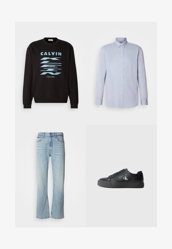 Čierna mikina s okrúhlym výstrihom, s modrou grafickou potlačou a textom "CALVIN KLEIN". Rúbkové manžety a lem. Jemný materiál.; Svetlomodrá dlhá rukávová košeľa s gombíkmi vyrobená z bavlny s jemnou textúrou, s klasickým golierom a prednými gombíkmi.; Svetlo modré džínsy so strihom rovného nohavice, obsahujúce päť vreciek, zapínanie na gombík a jemné vyblednutie na látke.; Čierne kožené tenisky s okrúhlou špičkou, plochou čiernou podrážkou a tonálnym šnurovaním. Ozdobené strieborným logom na boku, hladký povrch po celom obvode.