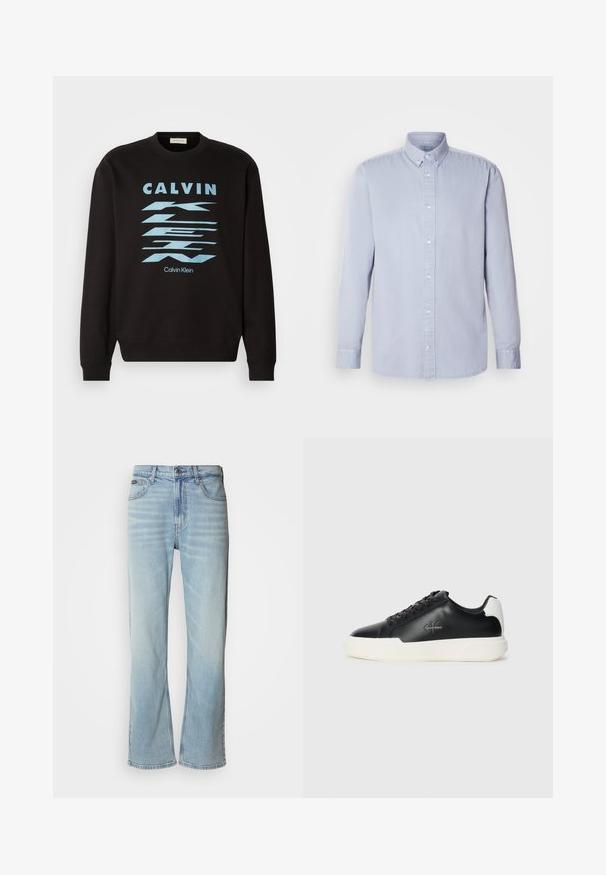 Schwarzer Sweatshirt mit Rundhalsausschnitt, versehen mit einem blauen grafischen Design und dem Text "CALVIN KLEIN." Gerippte Bündchen und Saum. Weicher Stoff.; Helles blaues Langarmhemd mit Knopfverschluss aus Baumwolle und weicher Textur, mit klassischem Kragen und vorderem Knopfverschluss.; Hellblaue Jeans aus Denim mit geradem Bein, ausgestattet mit fünf Taschen, einem Knopfverschluss und subtilen Verwaschungen im Stoff.; Schwarze Ledersneaker mit weißer Gummisohle. Merkmale sind eine runde Zehenpartie, ein Schnürdesign und ein Logo-Detail an der Seite. Rückseitiger Akzent in Weiß.