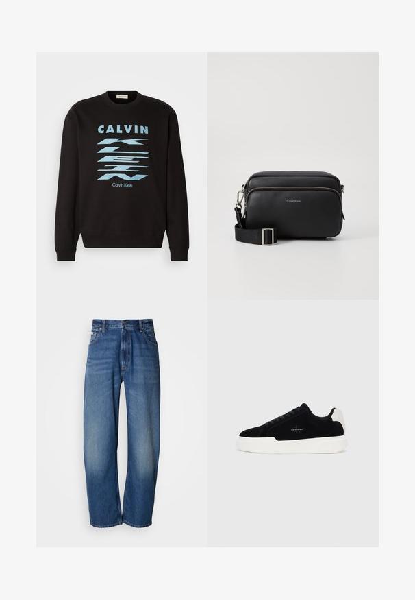 Schwarzer Sweatshirt mit Rundhalsausschnitt, versehen mit einem blauen grafischen Design und dem Text "CALVIN KLEIN." Gerippte Bündchen und Saum. Weicher Stoff.; Jeans mit weitem Bein in mittlerem Blau. Ausgestattet mit Reißverschluss, fünf Taschen und leichtem Verblassen für einen getragenen Look. Klassische Nahtdetails.; Schwarze Low-Top-Sneaker mit weißer Sohle und Fersenkappe, Schnürung vorne und Calvin Klein-Logo an der Seite.; Schwarze Leder-Crossbody-Tasche mit zwei Reißverschlussfächern, strukturiertem Finish, verstellbarem Tragegurt und silbernen Hardware-Details. Calvin Klein-Logo angebracht.