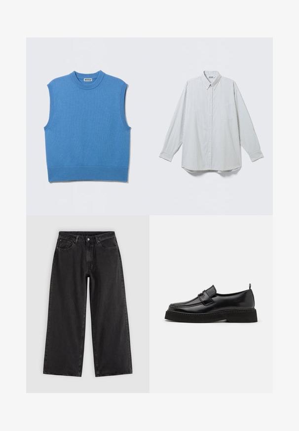 Veste-pull sans manches en tricot bleu avec col rond et bords côtelés, posée à plat sur un fond gris clair.; Chemise blanche à manches longues boutonnée avec fines rayures noires verticales et poche poitrine, présentée à plat sur un fond clair.; Jean en denim noir à jambes larges avec poches avant, passants pour ceinture et fermeture par boutons, présenté sur un fond clair uni.; Chaussures en cuir noir de style mocassin avec une semelle plate et texturée, présentant un bout piqué et une sangle traversant le cou-de-pied.