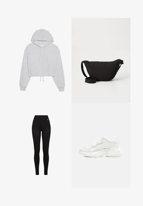 Sweat à capuche gris court en tissu doux, avec un cordon de serrage à la capuche, des manches longues et des poignets côtelés. Design simple sans motifs ni graphiques.; Leggings Noirs avec une taille haute, tissu extensible, texture lisse et un design ajusté, adaptées pour un usage décontracté ou sportif.; Baskets blanches épaisses avec semelle épaisse, fermeture à lacets sur le devant et cuir synthétique lisse avec des détails subtils de couture.; Sac hobo noir en tissu doux, avec une forme courbée, une fermeture éclair et une large sangle réglable. Texture lisse sans motifs.
