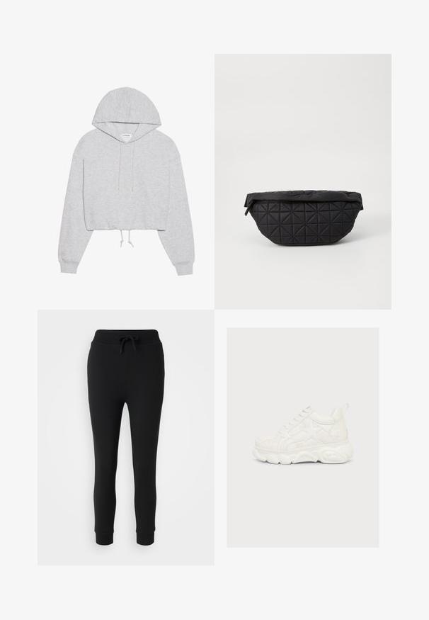 Sweat à capuche gris court en tissu doux, avec un cordon de serrage à la capuche, des manches longues et des poignets côtelés. Design simple sans motifs ni graphiques.; Even&Odd Petite Pantalon de survêtement - black; Baskets blanches épaisses avec des patchs en forme d'étoile sur les côtés et une semelle épaisse texturée, vues du côté extérieur sur un fond uni.; Sac noir matelassé avec une texture douce et rembourrée, un motif en diamant angulaire, une silhouette arrondie et une fermeture éclair.