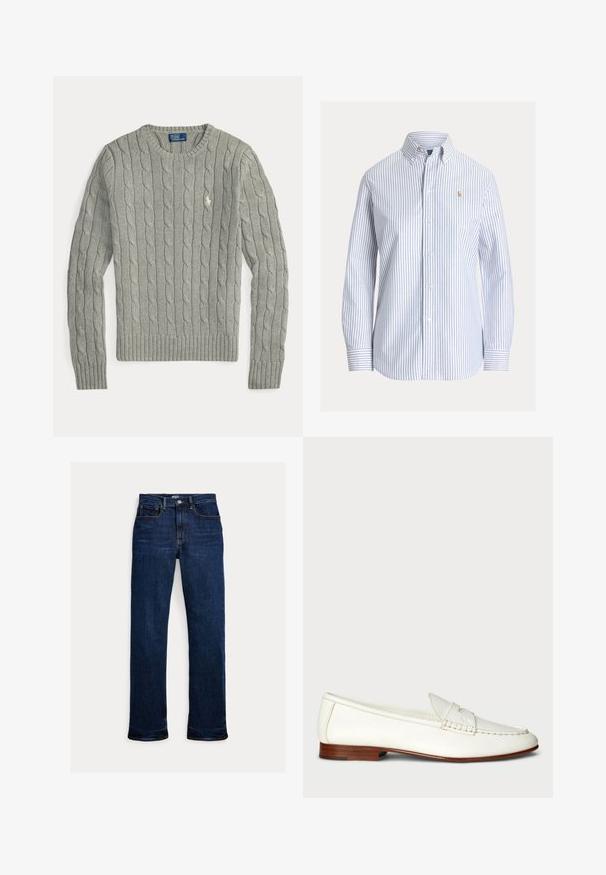 Jersey de punto trenzado de color gris claro, con mangas largas, cuello redondo, puños y bajo acanalados, y pequeño logo bordado en el pecho.; Camisa blanca abotonada con rayas verticales en azul claro, cuello abotonado y pequeño logo bordado en el pecho izquierdo.; Vaqueros de mezclilla azul oscuro de pernera recta con botón y cremallera delanteros, diseño de cinco bolsillos y detalles de costuras visibles.; Mocasin de cuero blanco con un acabado texturizado, punta redondeada y acento trenzado. Tacón bajo de madera y diseño minimalista.