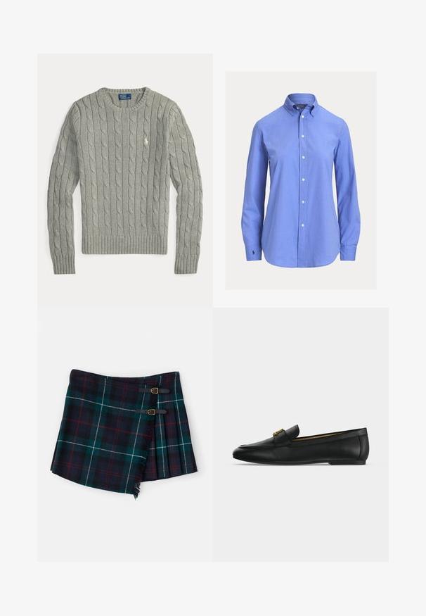 Lysegrå kabelstrikket sweater med lange ærmer, rund hals, ribbet manchetter og kant samt lille broderet logo på brystet.; Blå langærmet skjorte med knapper, klassisk krave og lille broderet logo på venstre manchet.; Polo Ralph Lauren MINI - Mini skirts - tartan; Sort læderloafer med guldfarvet metalspænde på toppen, flad sål og syning langs overkanten.