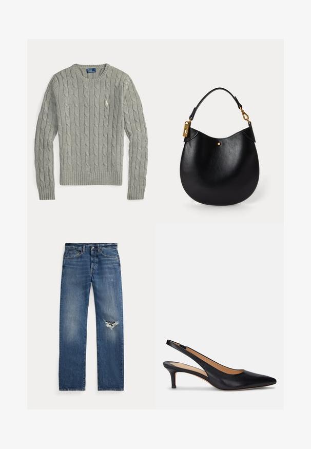 Lysegrå kabelstrikket sweater med lange ærmer, rund hals, ribbet manchetter og kant samt lille broderet logo på brystet.; Blå denim jeans med medium talje, fem lommer og et hullet slid på højre knæ.; Sorte læder slingback pumpe med spids tå, lav kitten hæl og glat tekstur. Har et åbent bagdesign og minimale syningsdetaljer.; Sort læderhandtaske med afrundet form, kort hank, guldhardware og en diskret guldprikkedetalje på forsiden. Glat tekstur.