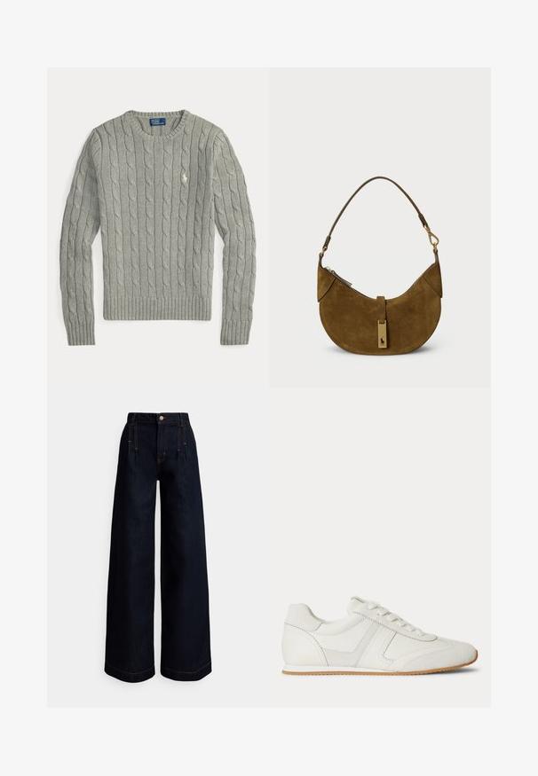 Lysegrå kabelstrikket sweater med lange ærmer, rund hals, ribbet manchetter og kant samt lille broderet logo på brystet.; Mørkeblå jeans med vide ben, høj talje, forreste læg, kontrasterende orange syninger og knaplukning i taljen.; Hvid lavtop sneaker med snørelukning foran, ruskind- og læderpaneler og en lysebrun gummisål på en hvid baggrund.; Brun ruskinds håndtaske med en buet form, guldfarvet hardware og lynlås lukning. Har en kort, justerbar skulderrem.