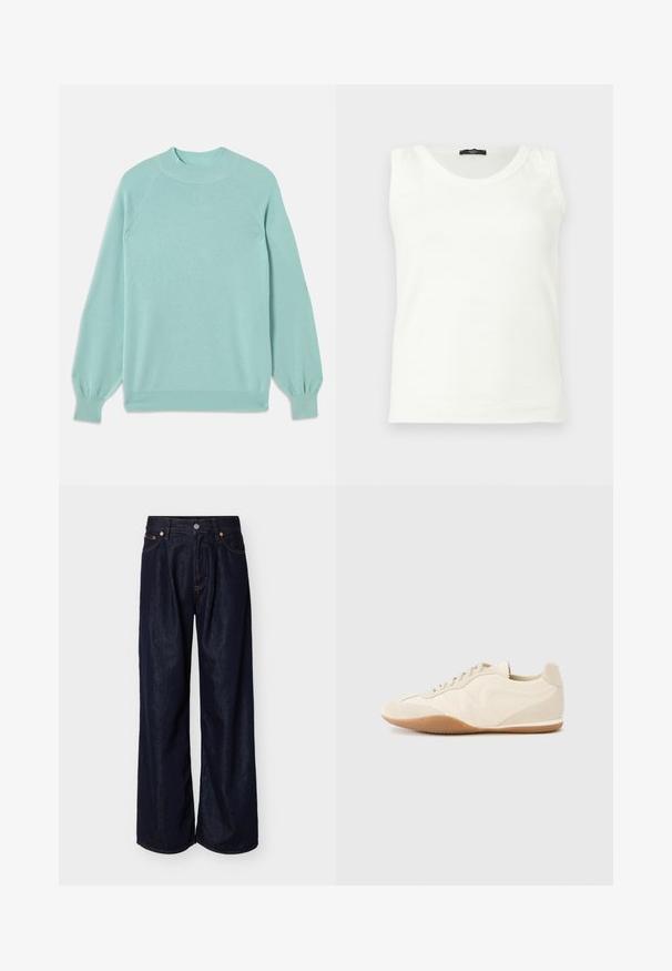 Pull léger en teal, tissu tricoté, encolure ras du cou, manches raglan, poignets ajustés. Texture lisse sans motifs ni ornements visibles.; Débardeur blanc sans manches à col rond avec étiquette noire au col, présenté sur un fond clair uni.; Jean en denim bleu foncé à jambes larges avec bouton sur le devant et design à cinq poches sur un fond clair uni.; Baskets beige clair avec une tige en cuir texturé, des panneaux latéraux texturés et une semelle en caoutchouc. Dotées d'un design fin et épuré ainsi que de lacets plats.