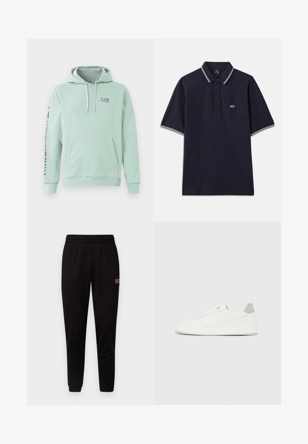 Mintgroene hoodie van een katoenen mengsel, met een voorzak, een capuchon met koord en zwarte logo-tekst langs de mouw.; Navy polo shirt van katoen met een klassieke kraag, een twee-knopen sluiting en witte gestreepte accenten op de mouwen. Klein logo op de borst.; Zwarte sweatpants met een elastische tailleband, aangesloten boorden en een klein geel logo op het bovenste deel van het linkerdij. Zachte, gladde stofstructuur.; Witte lage sneaker met grijze hielpatch, witte veters en een gestructureerde zool, gepresenteerd op een effen lichte achtergrond.