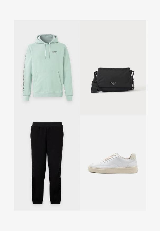 Mintgroene hoodie van een katoenen mengsel, met een voorzak, een capuchon met koord en zwarte logo-tekst langs de mouw.; Zwarte sportbroek gemaakt van zachte stof, met een elastische tailleband, getailleerde manchetten en zijzakken voor extra gemak.; Witte sneaker met een gevoerd leren bovenwerk, beige veters en een gestructureerde beige suede hieltab. Verhoogde zool voor extra hoogte.; Zwarte crossbodytas met verstelbare band en klein zilverkleurig logo-embleem op de voorflap, afgebeeld op een effen lichte achtergrond.