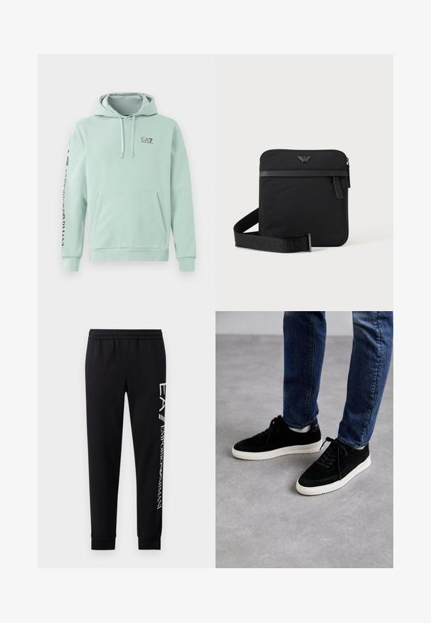 Mintgroene hoodie van een katoenen mengsel, met een voorzak, een capuchon met koord en zwarte logo-tekst langs de mouw.; Zwarte sweatpants van een katoenmix, met een elastische tailleband, taps toelopende benen, ribgebreide boorden en een wit logo-opdruk langs de zijkant.; Zwarte suede sneakers met een witte rubberen zool, met een klassiek low-top ontwerp, een ronde neus en flat zwarte veters.; Zwarte vierkante schoudertas met ritssluiting, voorvak en verstelbare band met geperste merknaam.