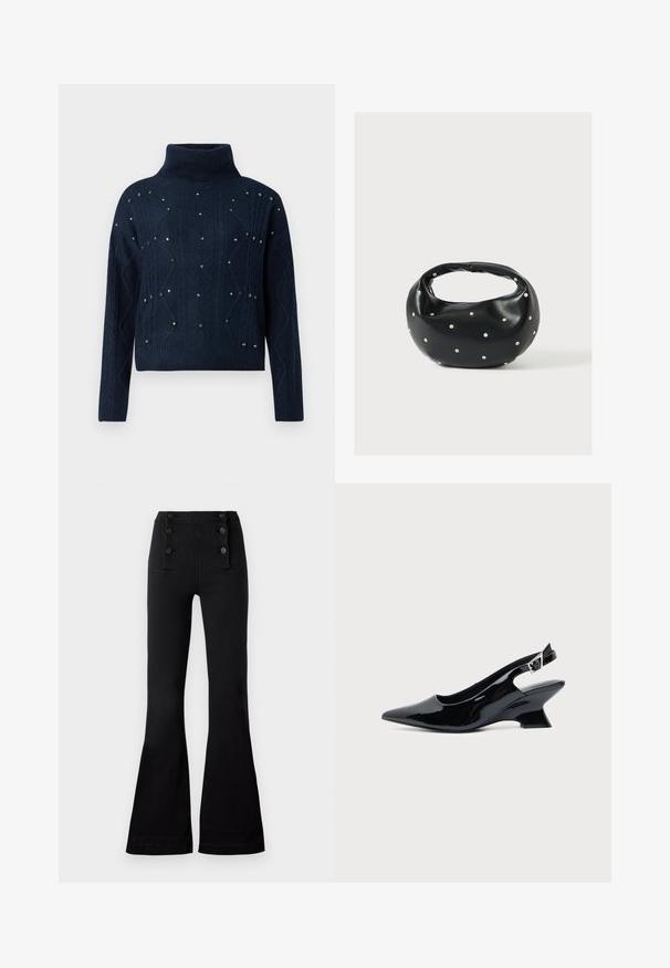 Jersey de cuello alto navy con diseño de trenzas y tachuelas decorativas dispersas. Presenta mangas largas y un corte relajado.; Pantalones acampanados negros de mezclilla con una cintura alta, que presentan cuatro botones decorativos en la parte delantera y una textura suave.; Zapato slingback de cuero charol negro con puntera puntiaguda y tacón bajo en bloque inclinado sobre fondo claro liso.; Bolso de mano de cuero negro con forma redondeada, decorado con detalles de tachuelas plateadas y un asa corta. Textura lisa y cierre con cremallera.