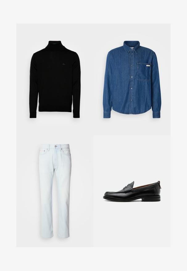 Sort turtleneck sweater, ribbet tekstur, lange ærmer, tætsiddende design, diskret Lacoste-logo på brystet, materialet er af mellemvægtigt strik.; Denimskjorte i mørkeblå med knaplukning foran, krave, lange ærmer og en lomme på venstre side. Har et diskret logo-label.; Lyseblå denimjeans med lige ben. Har en knaplukning og bæltestropper, viser en falmet tekstur og minimal syning.; Sort læder herre loafer med moc-tå syning, penny strop, struktureret krave og lav stablet hæl på hvid baggrund.