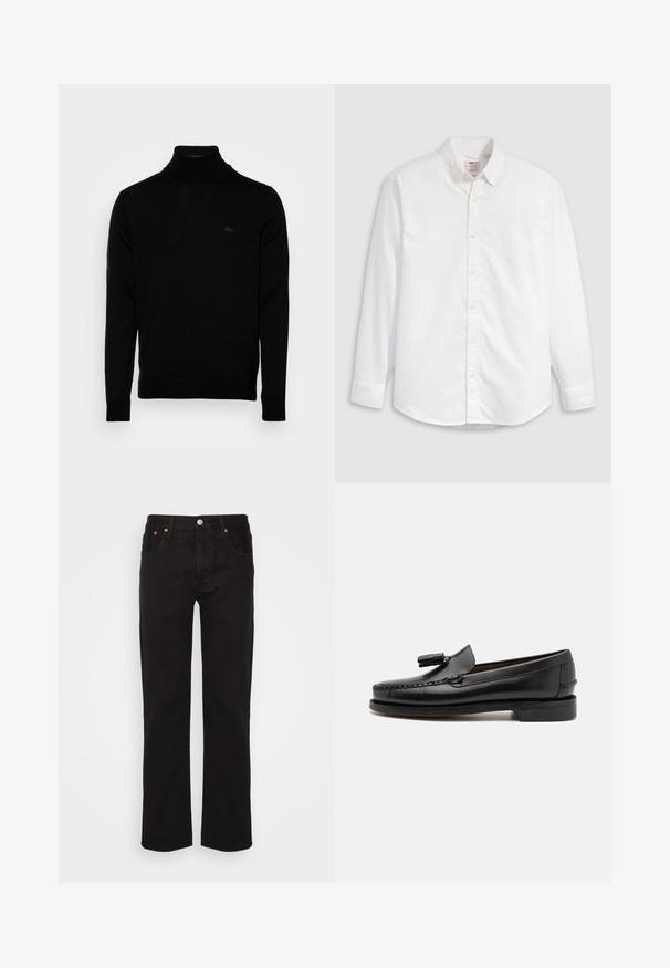 Suéter negro de cuello alto, textura acanalada, mangas largas, diseño ajustado, sutil logo de Lacoste en el pecho, material de punto de peso medio.; Camisa blanca de algodón con botones, de manga larga, cuello con solapa y dobladillo curvado. Presenta botones amarillos y una marca sutil.; Vaqueros negros de pierna recta hechos de algodón. Cuenta con cinco bolsillos, un botón de metal y costuras naranjas en la parte delantera.; Mocasines de cuero negro con costuras de mocasín, punta redonda y acento de borlas. Tacón plano con una textura suave, diseñados para uso casual.