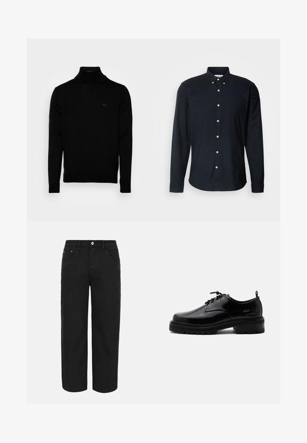 Čierny rolák, rebrovaná textúra, dlhé rukávy, priliehavý strih, diskrétne logo Lacoste na hrudi, stredne ťažký pletený materiál.; Čierna košeľa s dlhým rukávom, vyrobená z bavlny, s ostrým golierom, bielymi gombíkmi a rovnými lemami s gombíkmi na manžetách.; Čierne nohavice s rovnými nohavicami s predným zapínaním na gombík a zips, opaskové očká a tri predné vrecká na jednofarebnom svetlom pozadí.; Čierna leštená kožená šnurovacia obuv s hrubou gumovou podrážkou a nízkym podpätkom, bočný nápis značky "SAMSOE" a zadné ťahadlo.