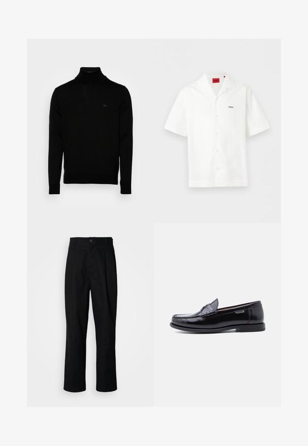 Sort turtleneck sweater, ribbet tekstur, lange ærmer, tætsiddende design, diskret Lacoste-logo på brystet, materialet er af mellemvægtigt strik.; Hvid kortærmet skjorte med knapper og åben krave, lille "HUGO" logo på brystet og rød mærkeindvendig ved halsudskæringen.; Sorte lige ben bukser med en knaplukket talje, bæltestropper og en frontfold, præsenteret mod en ensfarvet hvid baggrund.; Sorte læderloafer med en blank finish, der har et syet mønster på tåen og en lav, tekstureret sort gummisål.