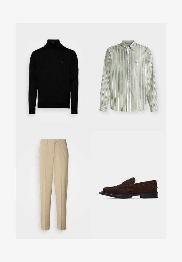 Suéter negro de cuello alto, textura acanalada, mangas largas, diseño ajustado, sutil logo de Lacoste en el pecho, material de punto de peso medio.; Camisa de manga larga con botones, con rayas verticales negras y blancas sobre tela verde claro y pequeño logo azul de Hugo en el bolsillo del pecho.; Pantalones de vestir beige con diseño de pierna recta, hechos de una tela suave, con frente plano y sin bolsillos visibles ni adornos.; Mocasín marrón de cuero deslizante con detalles cosidos y suela negra, mostrado de perfil contra un fondo blanco liso.