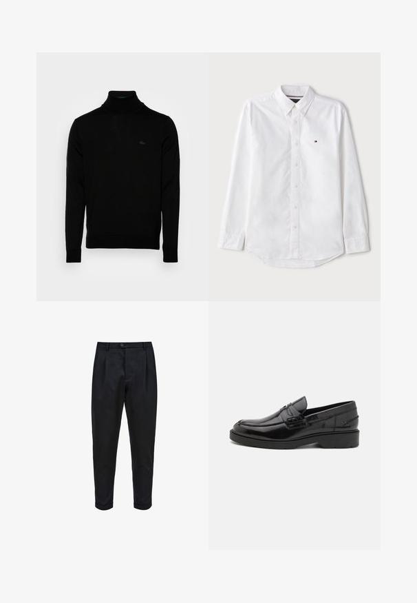 Čierny rolák, rebrovaná textúra, dlhé rukávy, priliehavý strih, diskrétne logo Lacoste na hrudi, stredne ťažký pletený materiál.; Biele dlhé rukávy košeľa s gombíkmi a klasickým golierom, vyrobená z bavlny, so subtilným logom na hrudi a zaobleným lemom.; Čierne nohavice z hladkej látky, s plisovaným predným dielom, zúženým strihom a rolled cuffs. Jednoduché zapínanie na gombík v páse.; Čierne kožené mokasíny s hladkým povrchom, zaoblenou špičkou, nízkym podpätkom a dekoratívnym prešívaním na prednej strane. Gumová podrážka pre lepšiu priľnavosť.