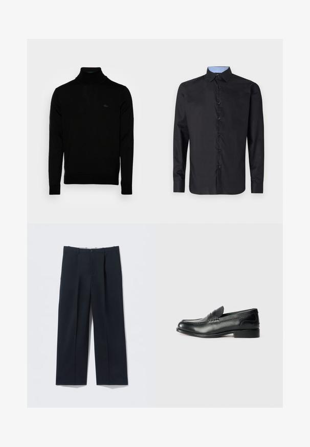 Čierny rolák, rebrovaná textúra, dlhé rukávy, priliehavý strih, diskrétne logo Lacoste na hrudi, stredne ťažký pletený materiál.; Čierna košeľa s dlhým rukávom vyrobená z hladkej tkaniny, s gombíkovou prednou časťou, špicatým golierom a svetlomodrým kockovaným vnútorným golierom.; Tmavomodré nohavice zo hladkej látky, s priliehavým strihom, dvoma prednými vreckami a zapínaním na gombík.; Čierne kožené loafers s hladkým povrchom, prešívaním cez vampus a mierne vyvýšeným podpätkom.
