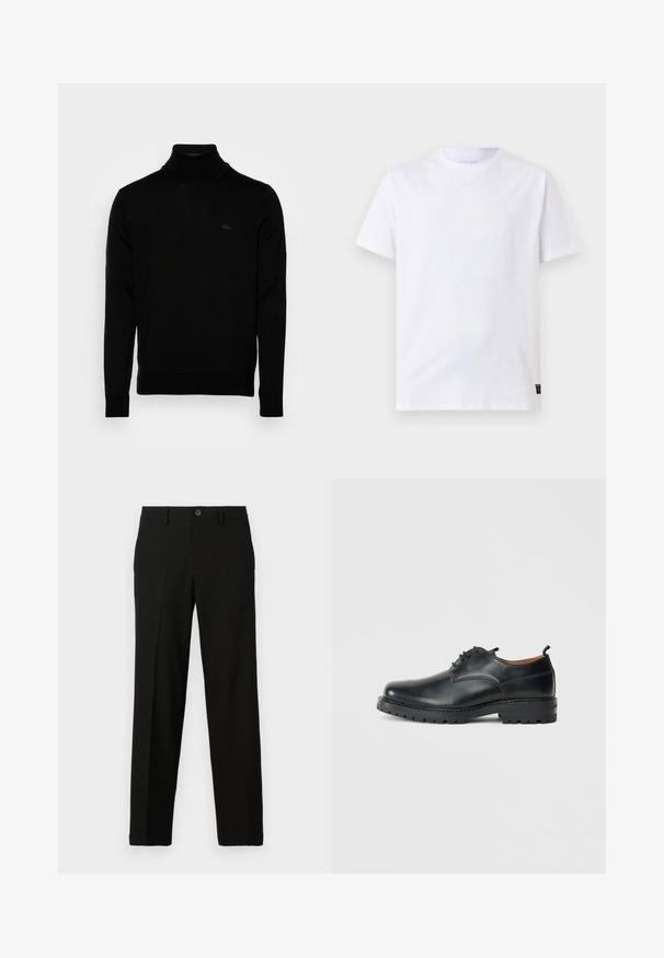 Suéter negro de cuello alto, textura acanalada, mangas largas, diseño ajustado, sutil logo de Lacoste en el pecho, material de punto de peso medio.; Camiseta blanca lisa de manga corta con cuello redondo y una pequeña etiqueta negra de cuidado en el bajo, sobre un fondo gris claro.; Pantalones negros de tejido suave, con un corte recto, cierre de botón en la cintura y sin patrones ni detalles visibles.; Zapatos derby de cuero negro con una textura suave, punta redondeada, diseño de cordones y una suela de goma gruesa y resistente.