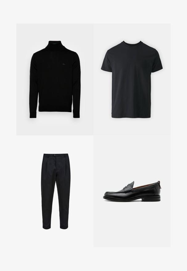 Zwarte coltrui, geribbelde textuur, lange mouwen, figure-hugging ontwerp, subtiele Lacoste-logo op de borst, middeldikte gebreid materiaal.; Zwart katoenen T-shirt met korte mouwen, ronde hals en een relaxte pasvorm. Glad textuur en rechte zoom, geen zichtbare graphics of patronen.; Zwarte broek van een gladde stof, met een geplooide voorkant, taps toelopende pasvorm en opgerolde mouwen. Eenvoudige knoopsluiting bij de taille.; Zwarte leren herensloffen met moc toe stiksel, pennyriem, gestructureerde kraag en lage gestapelde hak op witte achtergrond.