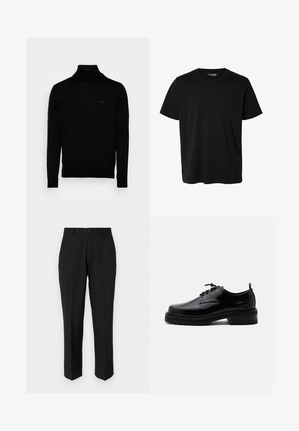 Sort turtleneck sweater, ribbet tekstur, lange ærmer, tætsiddende design, diskret Lacoste-logo på brystet, materialet er af mellemvægtigt strik.; Ensfarvet sort t-shirt med korte ærmer og rund hals, herrepasform, uden synlige mønstre eller logoer foran.; Sorte bukser lavet af glat stof, med lige ben design, forlommer, en enkelt knaplukning, og uden synlige mønstre.; Sort poleret læder snørestøvle med tyk gummisål og lav hæl, sideskilt med mærketekst "SAMSOE" og bageste træksnor.